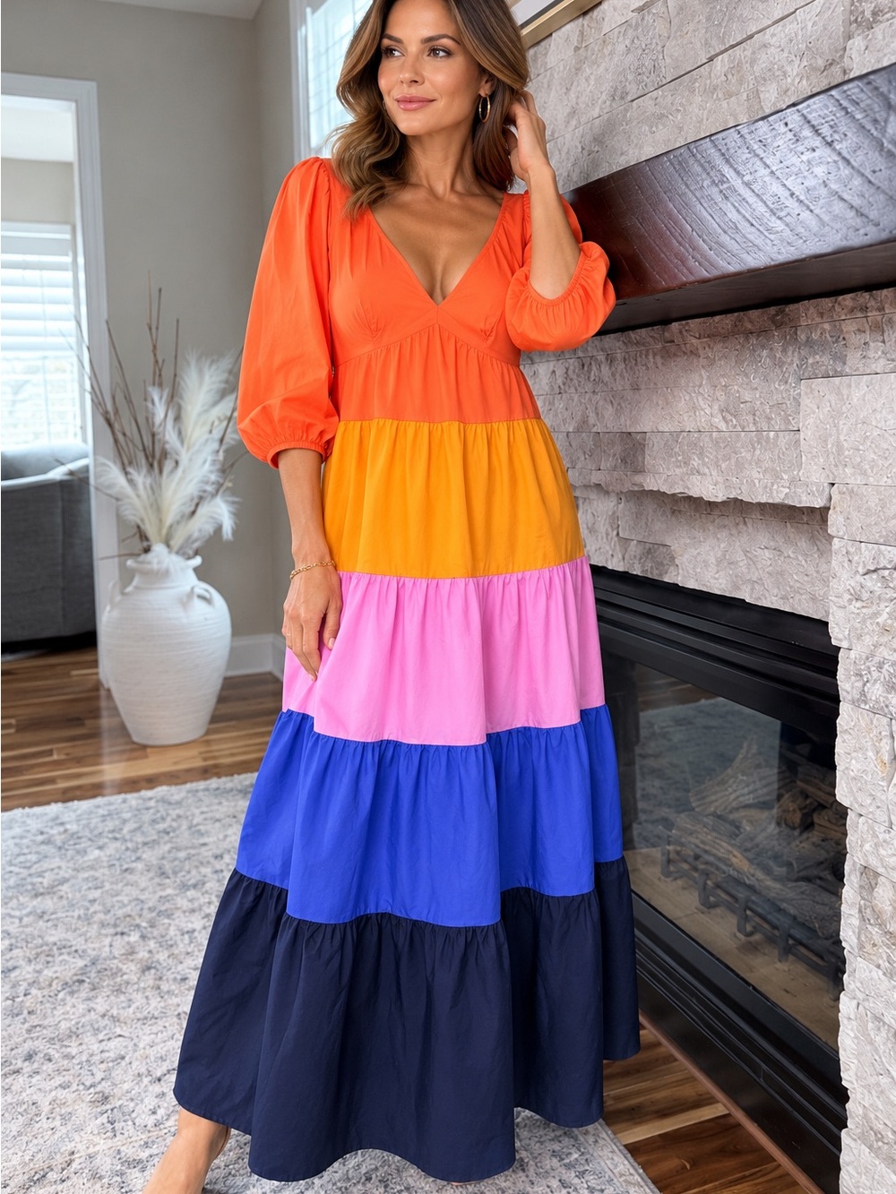 FARM Rio Anthropologie Rainbow Colorblock Maxi Dress XS Puff Sleeve Resort